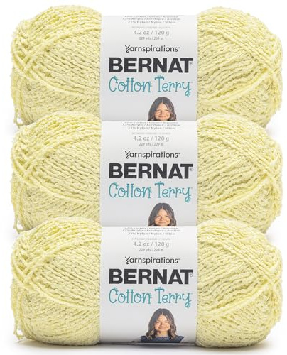 Bernat Cotton Terry Celery Yarn - 3 Pack of 120 g / 4.2 oz - 47% Cotton 32% Acrylic 21% Nylon - #4 Worsted (Medium) - 209m /229Yards - for Knitting, Crochet and Amigurumi