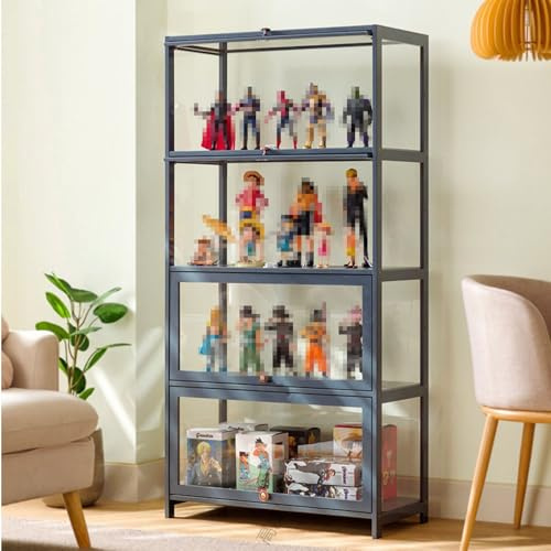 Collection Vaianna Vitrine, Vitrine de collection en acrylique, étanche à la poussière, cadre en bambou naturel, adaptée pour une utilisation à la maison et au bureau (Bleu grisâtre, 80 cm - 4 étages)