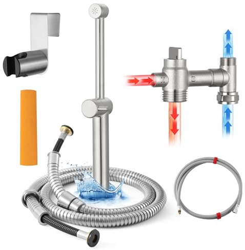 KWOCI Brushed Nickel Handheld Hot and Cold Bidet Sprayer for Toilet with Brass Mixing Valve,Mounted on The Wall or Hung Beside The Toilet,Stainless Steel Warm Water Bidet Sprayer for Personal Hygiene