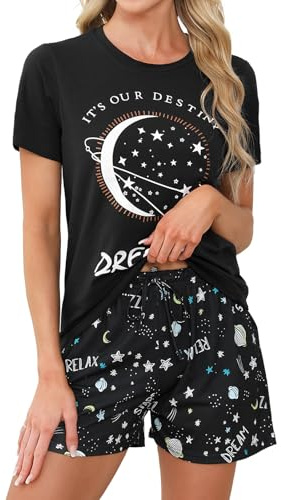 TeJoyce Pijama Corto de Algodón para Mujer Verano, Ropa de Dormir de Dos Piezas, Conjunto Camiseta Manga Corta con Estrellas y Shorts a Juego con Bolsillos, Ropa Casa Suave y Cómoda Negro, M