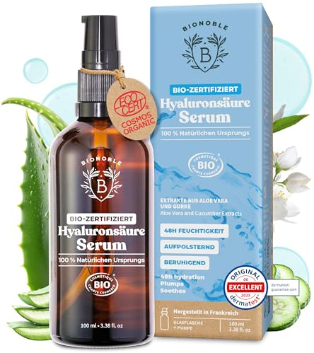 BIONOBLE Hyaluron Serum hochdosiert BIO-zertifiziert - Hyaluronsäure Anti Aging und Anti Falten - 100% natürlichen Ursprungs, Vegan - Glasflasche mit Pumpe - Hyaluronic Acid Serum Gesicht - 100ml