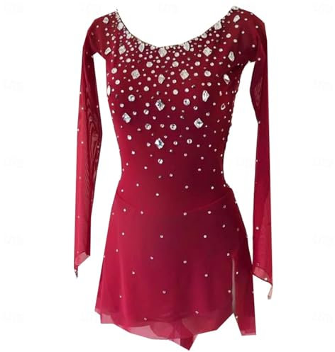 AAYXIN Schlittschuh Laufen Wettbewerb Kostüm Eiskunstlauf-Kleid Für Damen Rollschuhlaufen Sportliche Winterbekleidung Elastizität Langarm Kristall/Strass,Rot,S