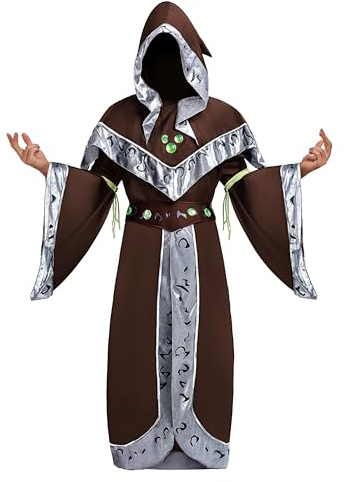 Spooktacular Creations Disfraz de mago de Halloween, disfraz de mago marrón para hombre, disfraz de hechicero adulto para fiesta de disfraces de Halloween, cosplay, juego de rol (mediano)
