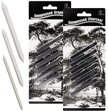 DAVIDJAMESCLARKE Lot de 12 bâtons en graphite avec 3 estompes, carrés de charbon compressé pour le bricolage, le dessin, les croquis, l'ombrage, les débutants et les artistes