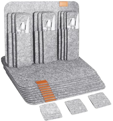 Beylce Set di 30 tovagliette lavabili, sottobicchieri in feltro, tovagliette con 10 tovagliette, 10 sottobicchieri in vetro, 10 tasche per posate (grigio chiaro, rettangolare)