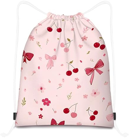 Fakcrkun Bow Drawstring Bags, Coquette Bows Cherry Drawstring Backpack, Cute Drawstring Bags Sports Gym String Bag for Kids Daily Outdoor Home School