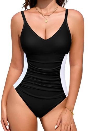 Vijamiy Bañador Mujer Reductor Vientre Plano Swimsuit Sexy Escote en V Push Up con Relleno Colori Contrastanti in Vita Piscinas de Playa(Negro,S)