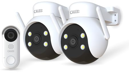 CALEX Smart Security Starterset Außen, 2 Outdoor PTZ Kameras + Video-Türklingel mit Zwei-Weg Audio, Full HD