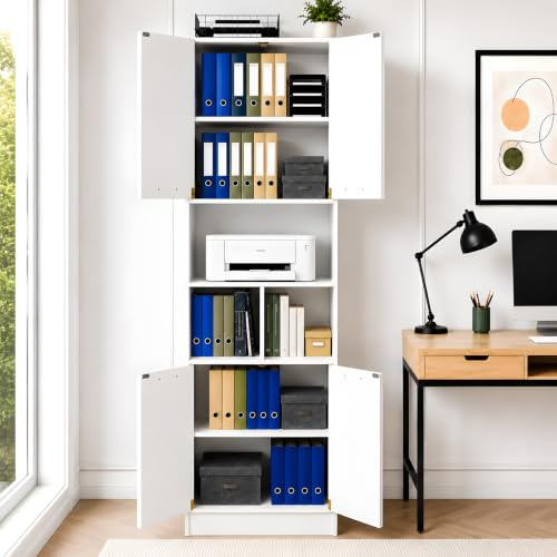 ZECIIYE Armoire de Bureau Haute 4 Portes - Meuble de Rangement Blanc (180x60x40 cm) avec Étagères Réglables - Armoire Colonne pour Dossiers, Cuisine, Buanderie ou Salon
