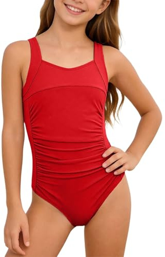 Costume da bagno da ragazza Tankini con spalline larghe per piscina, spiaggia, estate, sport acquatici, Colore: rosso, 10-11 Anni