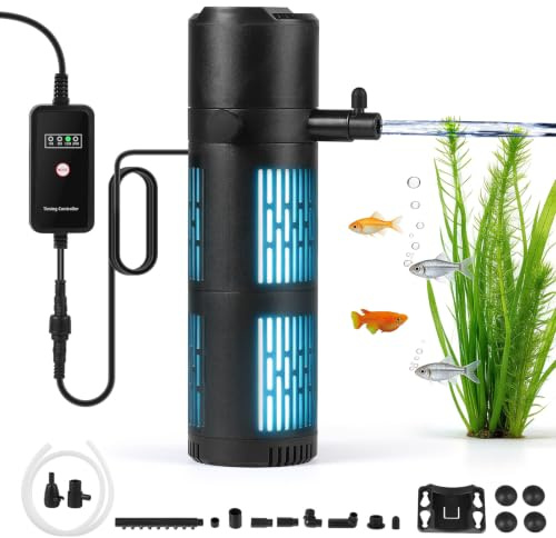 SWAWIS 5 in 1 Filtre Aquarium 800L/H mit 6W UV Stérilisateur Lampe et Minuteur, Pompe Aquarium pour Filtration Aération Stérilisation, pour Aquariums de 80 à 267L(12W)