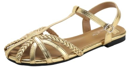 Sandalias Planas para Mujer con Punta Cerrada, Tejido, Estilo Jaula Romano, con Corte y Tira en T con Correa en el Tobillo | Sandalia Romana Elegante de Piso con Correa en el Tobillo Cómoda para Vacaciones, Playa, Uso Casual y Caminata al Aire Libre