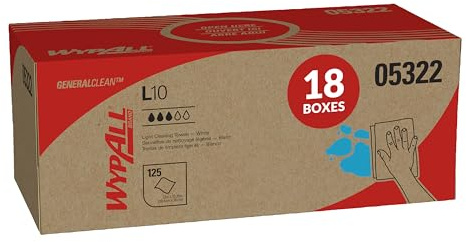WypAll GeneralClean L10 Cloths Light Cleaning Wipes (05322), Pop-Up Box, Bulk Paper Wipers, White (18 Packs of 125 Sheets, 2,250 Sheet Total)