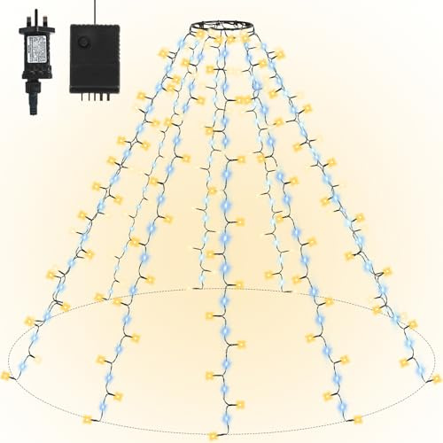 Gresonic Christmas Tree Lighting with Ring, 200 LED 1.5M Warm White & Cold White Flow Plug in 8 Modes Timer Crimp Fairy Light with 8 Lines, IP44 Xmas String Chains for Indoor Outdoor Tree Decoration