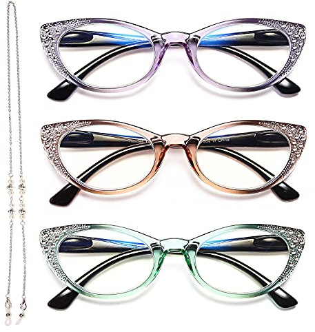 EYEURL Gafas de lectura de ojo de gato para mujer, bloqueo de luz azul, paquete de 3 lectores de computadora de 2.75 pulgadas con bisagra de resorte, elegante diseño brillante intermitente