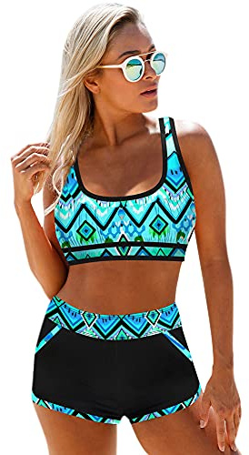 Dam hög midja badkläder 2-delad bikini set tryck baddräkt vadderad bikini set halterneck bikini topp hög midja bikini underdel