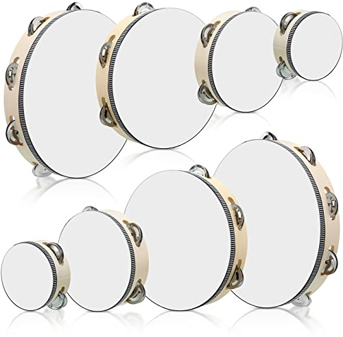 Reginary 8 Pcs Tambourine for Adults Handheld Wood Tambourine 4 Size Single Row Metal Jingles Musical Educational Gift Rhythm Percussion Instrument for Church Party Ktv(Natural)