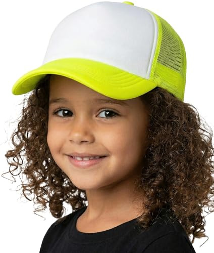 Funky Junque Kids Trucker Hat – Adjustable Toddler Girl & Boy Baseball Cap, Mesh Snapback Hat Ages 2–10 for Outdoor Play -Neon Yellow/White