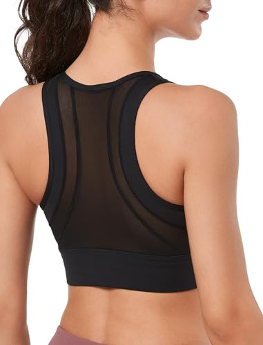 Yvette Soutien Gorge de Sport Femme Dos Nageur Mesh avec Zip Avant Brassière Sport Rembourrée à Maintien Élevé,Noir,L Grande Taille
