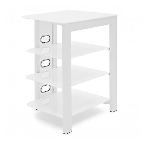 AVCOM HiFi Rack 4 Tier Stand With Tempered Glass, Matt White | Trapezoid steel frame for stability, isolation pads reduce vibration, ventilated back panel for cable and airflow