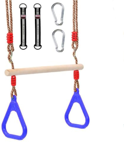 Trapeze bar,Morwealth Multifunctional Children's Wooden Trapeze Swing with Plastic Rings Gymnastics Rings for Hanging Up to 120 kg for Indoor and Outdoor Use (Blue)