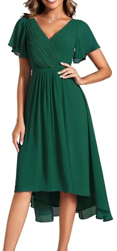Ever-Pretty Robes d’Invités de Mariée Femme High Low Col V Manches Courtes Plis Midi Vert Foncé 36