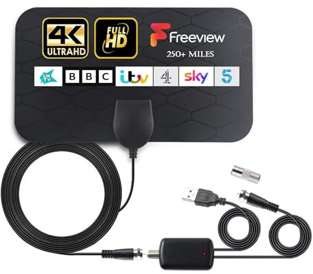 2025 Upgraded Indoor Digital TV Aerial-600+ Miles Long Range, Freeview Aerial with Signal Booster,4K Ultra HD TV Antenna Easy Install Easy to Set Up,Stronger Reception HDTV Aerial for All Older TV's