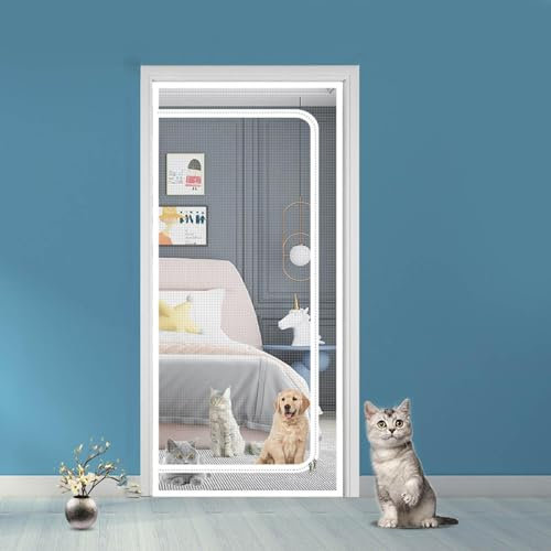 Kattnät för dörr, förtjockat kattskyddsgaller för vardagsrum, sovrum, kök, terrass, hund- och kattnätdörr med dragkedja (lämplig för dörrstorlek: 90 cm x 200 cm) (vit)