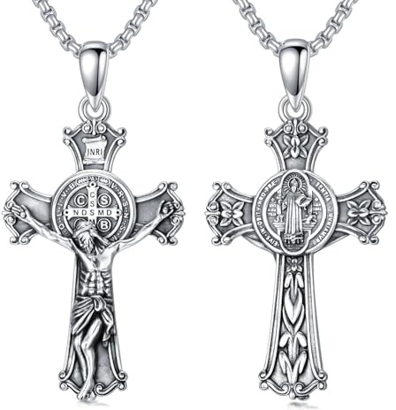 Seiyang St Benedict Crucifix Necklace 925 Sterling Silver Saint Benedict Jesus Cross Pendant Patron Amulet Necklace Talisman Protection Jewellery Gifts for Men