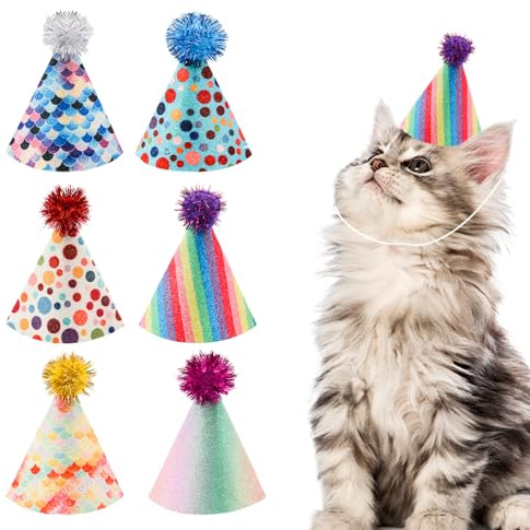 Set di 6 pezzi di compleanno per cani/gatti e mini cappelli da festa per animali di peluche, fasce regolabili, cappelli di compleanno multicolore per gattini, conigli, gatti, cani, piccoli animali