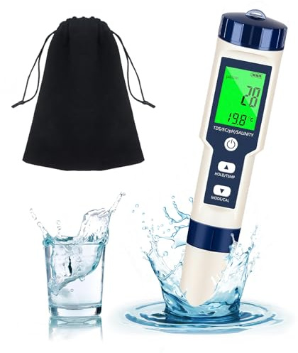 5-i-1 pH-testare med temperaturkompensation, pH, TDS, EC, salthalt, temperatur, LCD-display för dricksvatten och pool