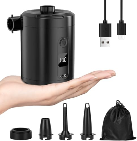 Pompe à air électrique - 5200 mAh - Batterie rechargeable - Pataugeoire - Mini pompe à air électrique avec 4 buses d'air - Gonfleur rapide pour matelas gonflable/bateau gonflable