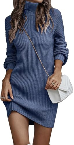 JFAN Robe Pull Femme Hiver Tricot Vintage Robe Longue Femme Chic et Elegant à Col Roulé Chaud Casual Dress,Bleu,L