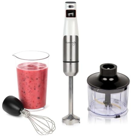 Kuvings 4-in-1 MIXPRO1000 Elektrischer Stabmixer aus Eco Edelstahl, 100W Pürierstab, Sicherheitshebel, 3 Geschwindigkeiten, LED-Indikator, 17,000 RPM (Matt White)