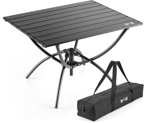 Trail Small Folding Aluminium Camping Table, H39.5cm x L47cm x W57cm | Roll-Up Aluminium Tabletop, Folding Steel Frame, 30kg Load Capacity, Compact Pack Size, Drawcord Bag Included, Weighs 2.4kg