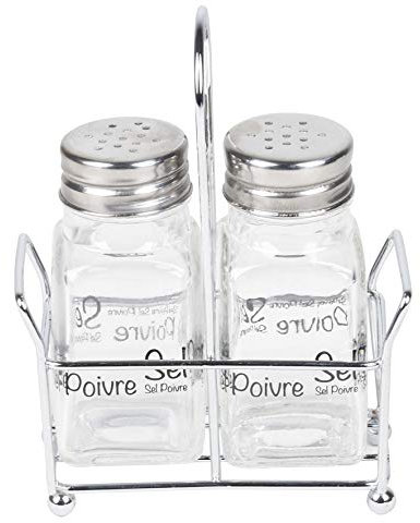 Equinox 520926 Ensemble SALIERE et POIVRIERE en verre et bouchon Inox avec support en Fer Chromé - Lot de Salière et Poivrière Traditionnelle