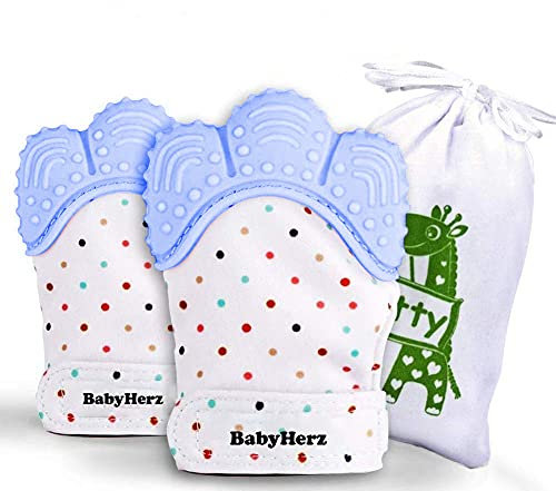 Baby Beißring Handschuhe für Neugeborene 0-6 Monate aus 100% BPA-frei Silikon | Zahnungshilfe gegen Schmerzen & Sabbern – 2er Set für Jungen & Mädchen (Blau)
