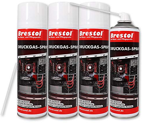 Brestol Druckluftspray 4x 500 ml mit Sprühverlängerung ideal zur Tastaturreinigung, Druckerreinigung, PC-Gehäusereinigung, Entstaubung von Lüftern, Serverreinigung Druckgasspray