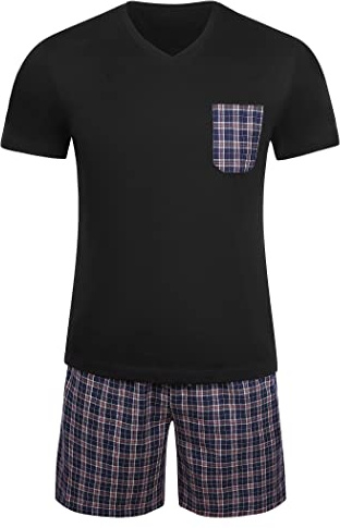 Winovia Pigiama corto da uomo, in 100% cotone, con scollo a V, a maniche corte e pantaloni corti a quadretti con elastico in vita, biancheria da notte traspirante e da casa per l'estate, Nero , L