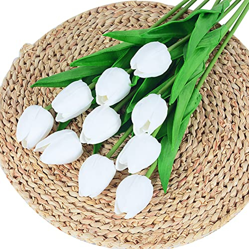 10 huvuden konstgjorda tulpanblommor, förfalskad tulpanbukett PU äkta touch latex konstgjorda blommor tulpanbukett, konst tulpaner dekoration, konstväxt för bröllop, hem, fest, festival
