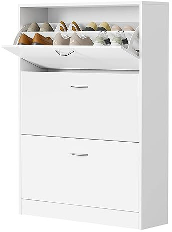 fevarbord Schuhschrank Schmal, Schuhregal weiß, Schuhkipper mit 3 Klappen, Schuhkommode verstellbar für Flur Diele 80x23.5x110cm