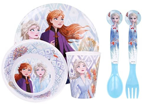 Frozen - Juego de vajilla de melamina de 5 piezas de colores sin BPA de 2 personajes, plato, cuenco, vaso, cuchara y tenedor (congelado 2)