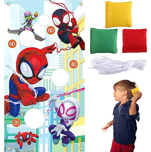 Werfen Spiel Banner, Wurfspiel Outdoor mit 3 Bohnentaschen Spider-Man Wurfspiel Kinder, Spiele für Draußen Drinnen Geburtstagsparty Garten