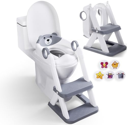EzyWay Potty Training Seat with Training Stickers, Upgraded Toddler Toilet Seat for Kids Boys & Girls, 2 in 1 Potty Training Toilet for Kids with Splash Guard Anti-Slip Pad Step Stool (Grey)