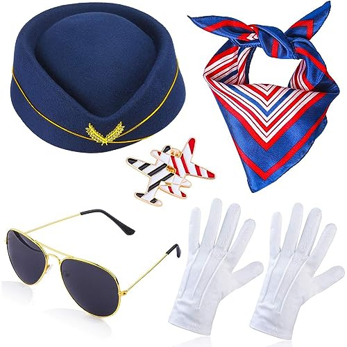 PIUMOJ Accessori Cosplay Hostess Volo, Accessori per Costumi da Hostess, Costumi di Hostess Cosplay per Festa di Carnevale Halloween con Cappello Sciarpa Guanti Occhiali da Sole Spilla, 5 pezzi
