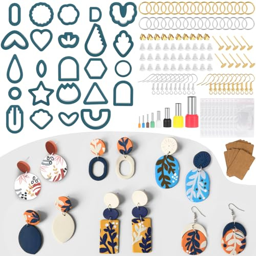 MWOOT 142 Cortadores Arcilla Polimerica Kit, 24 Moldes Arcilla Polimerica para Pendientes, 8 Cortadores de Forma Circular, 110 Accesorios para Hacer Pendientes, Polymer Clay Cutters para DIY Joyas