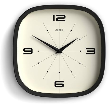 Jones Clocks® Pulsar wall clock | Square rounded retro clock | 25cm | Black | Cool designer look for kitchen, living room or office