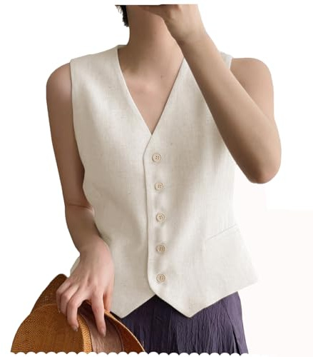 AeoTeokey dam linneväst kostym väst V-ringad enkelrad elegant väst affärskläder topp, Beige, XXL