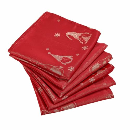 Celebright Christmas Pack of 6 Napkins - Square 17 x 17 Inches (43 x 43 cm) - Ideal Xmas Dinner Table Decorative Settings - Metallic Gonk Theme Embossed Design - Red & Metallic Gold