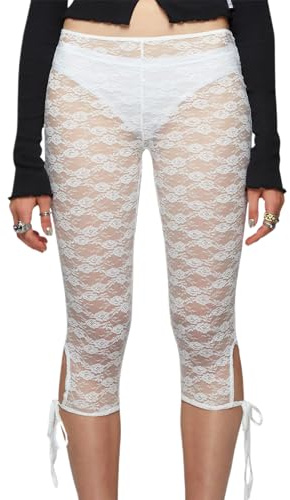 FeMereina Women's Lace Capri Pants Sexy See Through Bandage Sheer Mesh Tights Bottoms Cropped Leggings Party Night Club Outfits (White, S)
